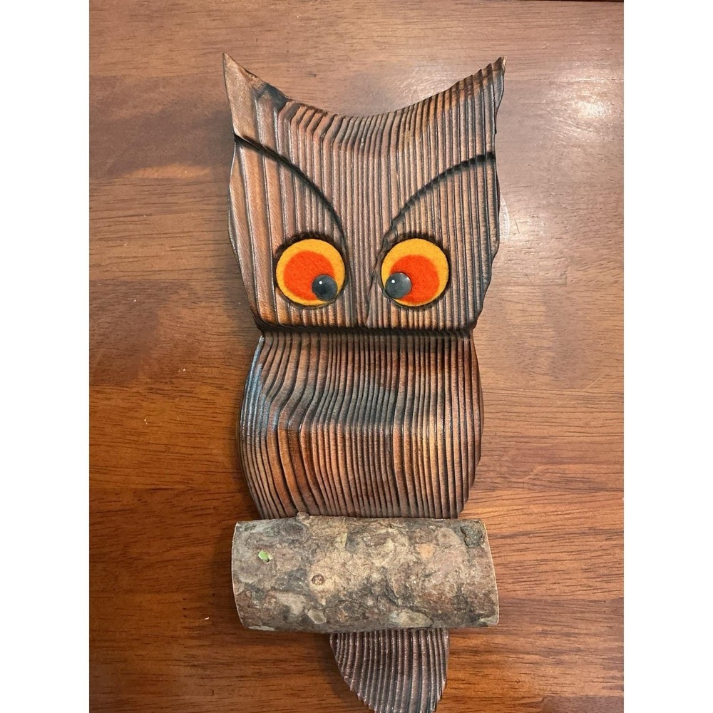 Vintage Wooden Owl Wall Hanging felt eyes Mid Century Orange